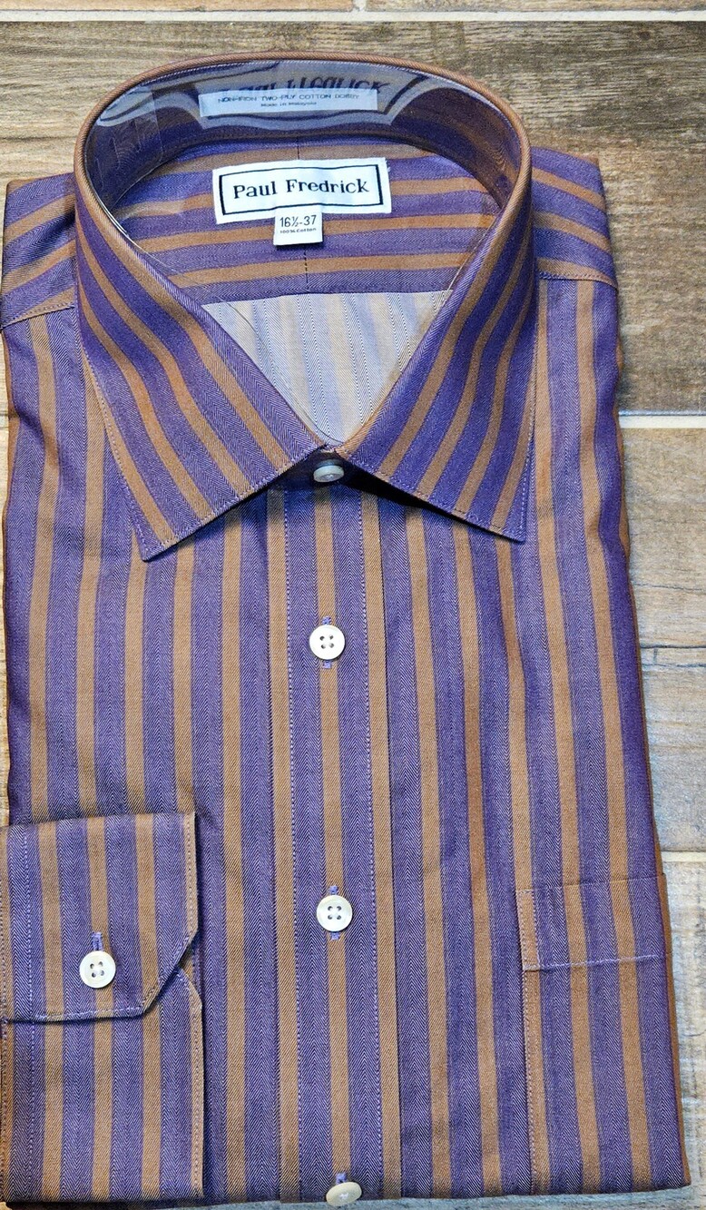 New Paul Fredrick Men's Dress Shirt 16.5 37 Non-Iron Purple Gold Stripe